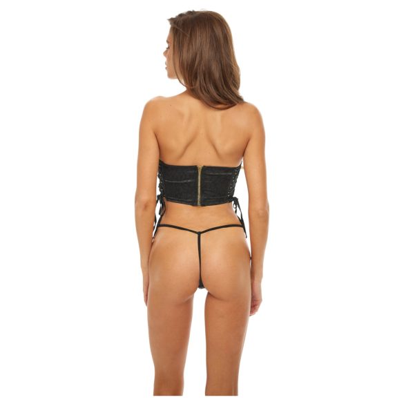 Bombshell - Crop-Top, Leopard Korsett und String (Schwarz) - M