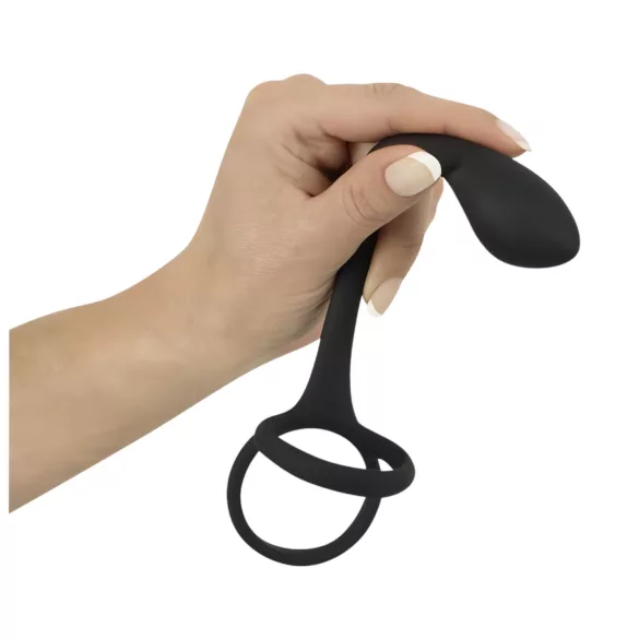 Black Velvet - schlanker Analdildo mit Penis- und Hodenring (schwarz)