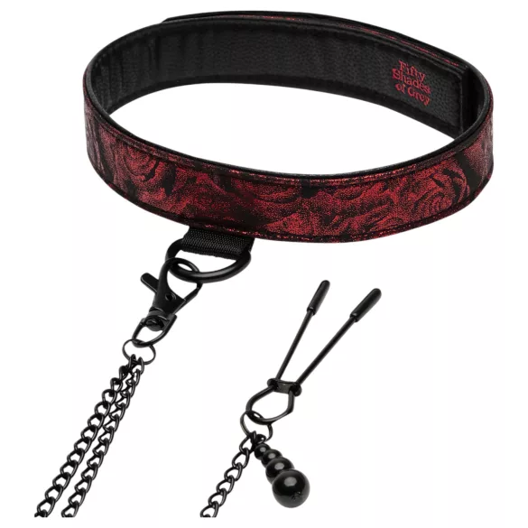 Fifty Shades of Grey - Halsband & Nippelklemmen (schwarz-rot)