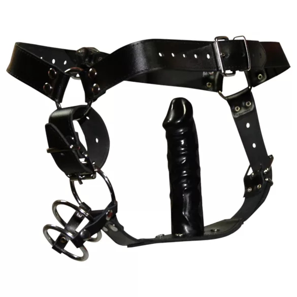 ZADO - Leder Tanga mit Dildo, 3 Penisringen
