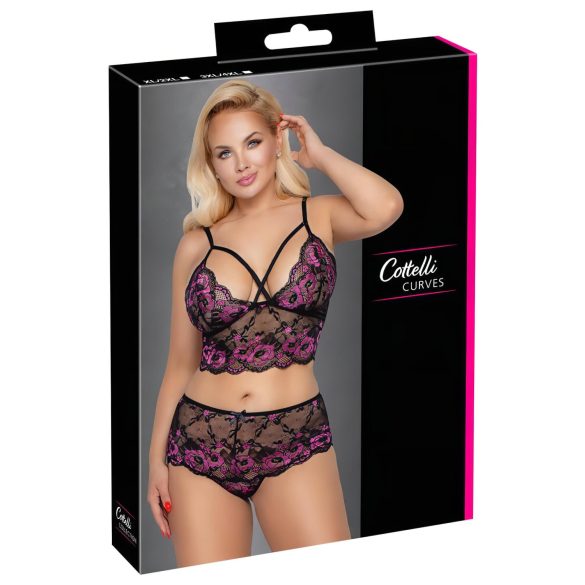 Cottelli Plus Size - Blumen-BH-Set (schwarz-lila)