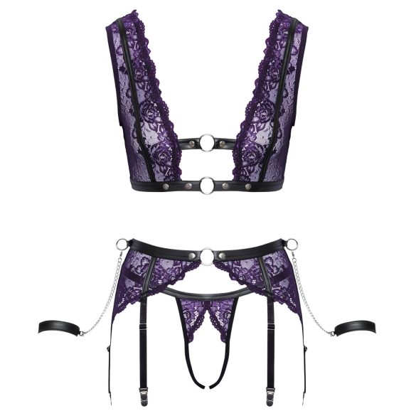 Cottelli Bondage - Dessous-Set und Handschellen (Schwarz-Lila) - XL