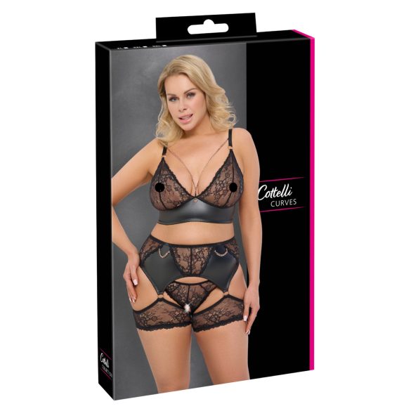 Cottelli Curves - Spitzen-BH-Set mit Ledereinsätzen (Schwarz)