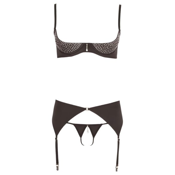 Abierta Fina - Glänzendes Schmuck-Dessous-Set (schwarz) - 85C/L