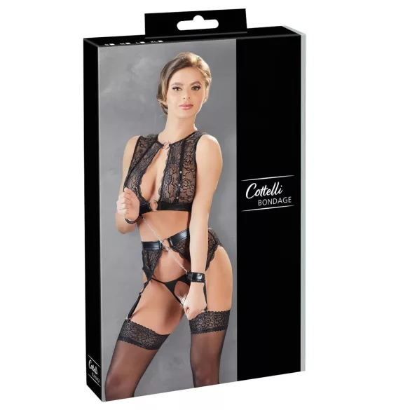 Cottelli Bondage - Spitzen‑Dessous-Set + Handschellen (4-teilig) - M