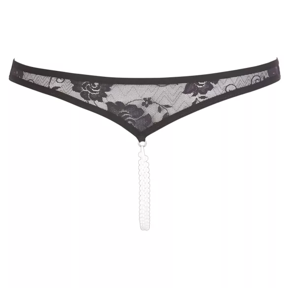 Cottelli - Perlenverzierte offene Spitzen-Tanga (schwarz) - M