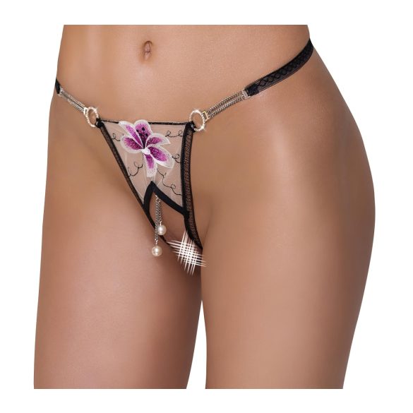 Cottelli - Luxus, bestickter Lilien-Tanga (schwarz-weiß) - M/L