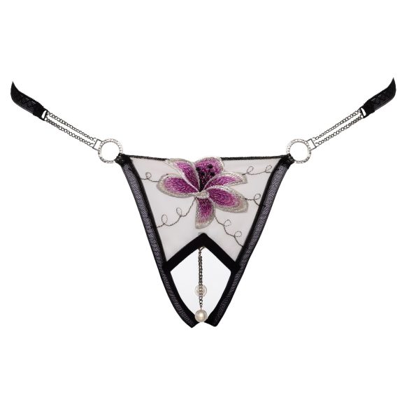 Cottelli - Luxus, bestickter Lilien-Tanga (schwarz-weiß) - M/L
