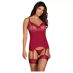   Obsessive Rosalyne - bordeauxrote Spitzenkorsage mit Strapsen und Tanga (S/M)