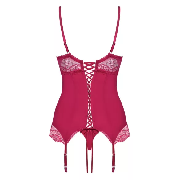 Obsessive Rosalyne - bordeauxrote Spitzenkorsage mit Strapsen und Tanga (S/M)
