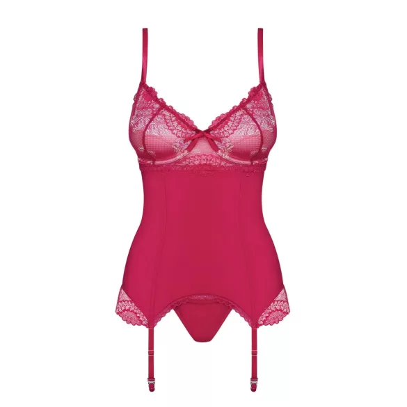 Obsessive Rosalyne - bordeauxrote Spitzenkorsage mit Strapsen und Tanga (S/M)
