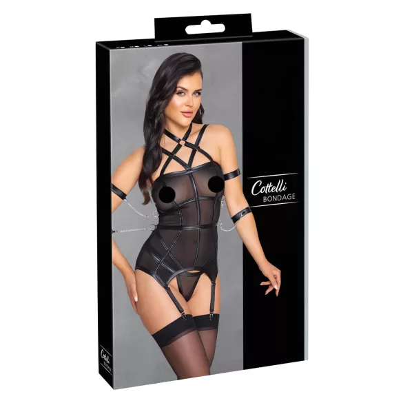 Cottelli Bondage - Oberteil mit Gurten, Handfesseln & String (schwarz)