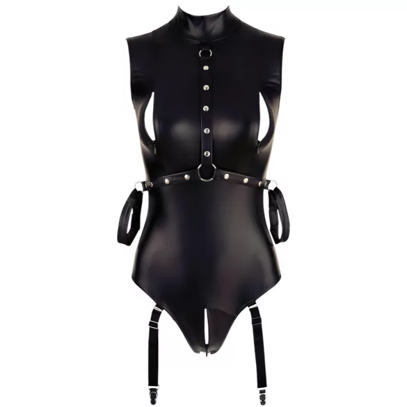 Cottelli Bondage - Ärmeloser, glänzender Body & Armfessel (Schwarz) - M
