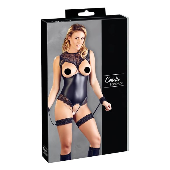 Cottelli Bondage - Glänzender Offener Body & Handfesseln (Schwarz)