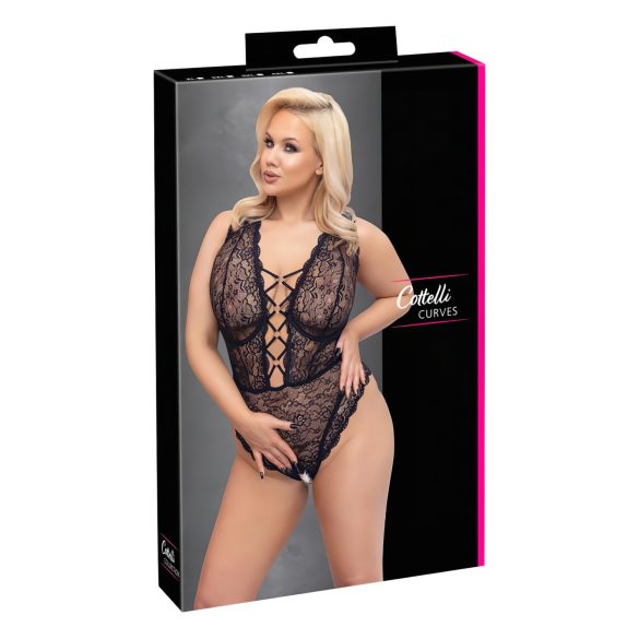 Cottelli Curves Plus Size - Transparenter, gemusterter Body (schwarz)