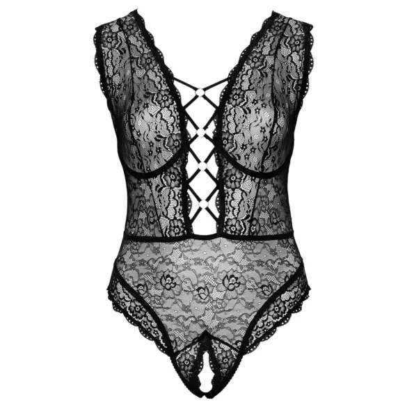 Cottelli Curves Plus Size - transparenter gemusterter Body (schwarz) - 90D/XL