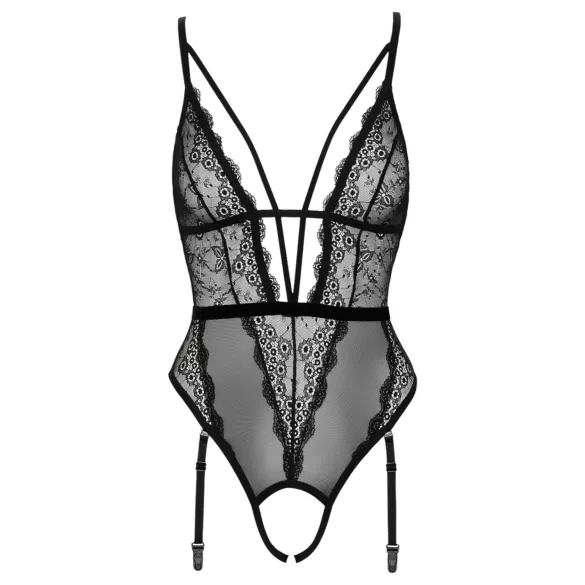 Cottelli - Offener, riemchen Body mit Strumpfhalter (schwarz) - L