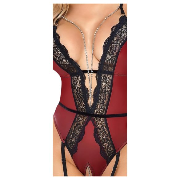 Abierta Fina - Offener Body mit Strumpfhalter (Schwarz-Rot) - M