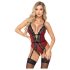 Abierta Fina - Offener Body mit Strumpfhalter (Schwarz-Rot) - L