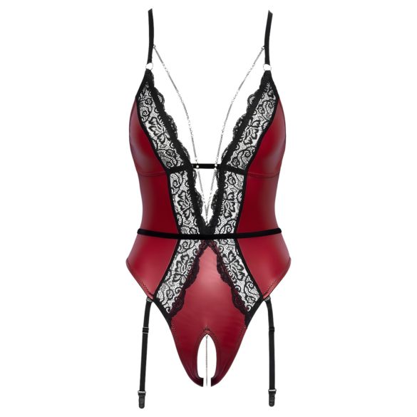 Abierta Fina - Offener Body mit Strumpfhalter (Schwarz-Rot) - L