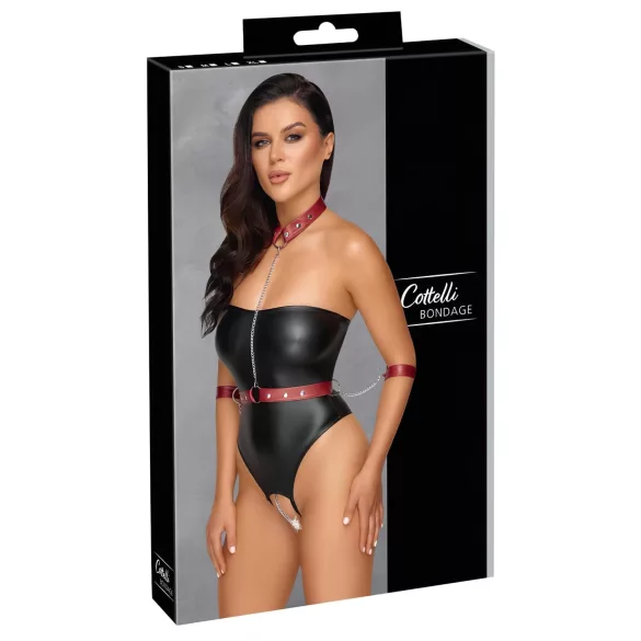 Cottelli Bondage - Glänzender Body und Handfesseln (schwarz)
