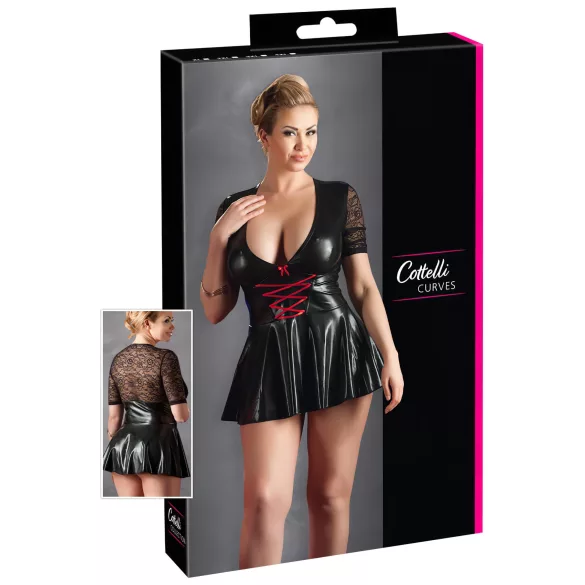 Cottelli Plus Size - Glänzendes Kleid mit rotem Korsett (schwarz)