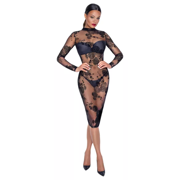 Noir - Transparenz & Blumen: Langarmkleid (Schwarz)