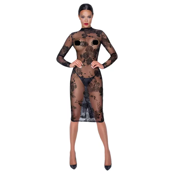Noir - Transparenz & Blumen: Langarmkleid (Schwarz)