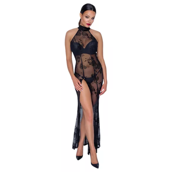Noir - Transparente Blütenpracht, langes Kleid (schwarz) - M