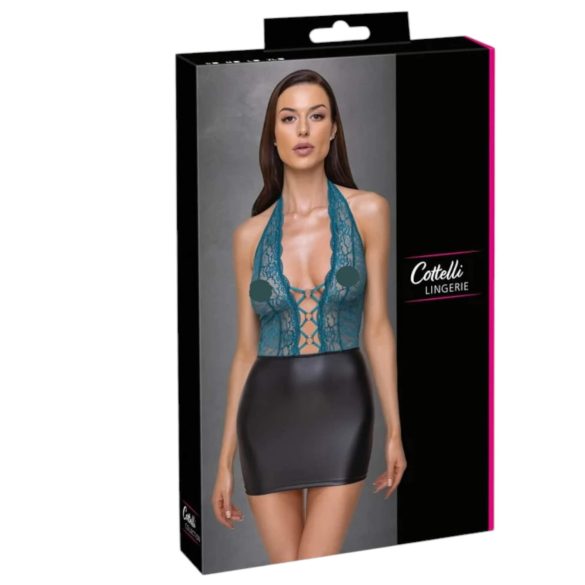 Cottelli - Schnürkleid mit Spitze, glänzend (schwarz-grün)