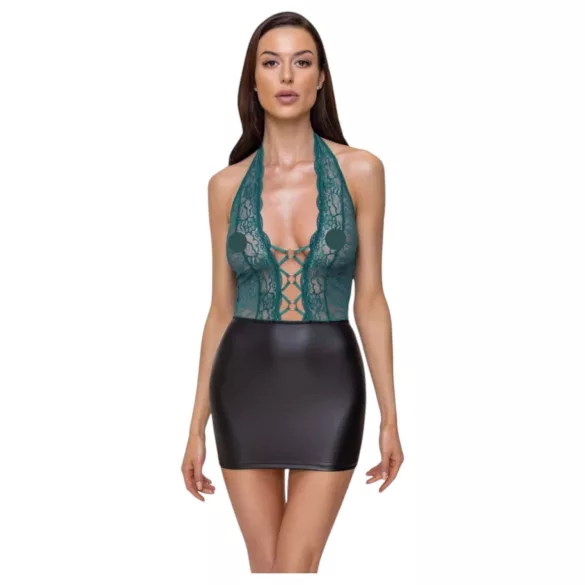Cottelli - glänzendes Spitzenkleid mit Schnürung (schwarz-grün) - L