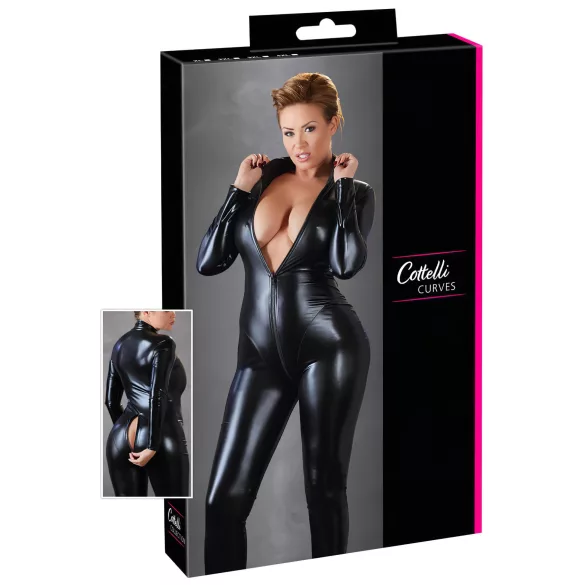 Cottelli Plus Size - glänzender langärmeliger Party-Overall (schwarz)