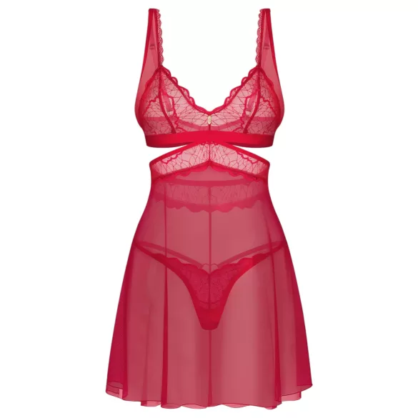 Obsessive Cupide Desir - Rotes, durchsichtiges Spitzennachthemd-Set