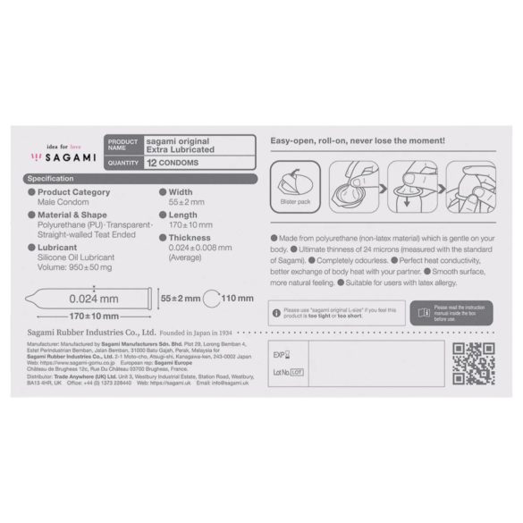 Sagami Original 0.02 - extra gleitfähiges Kondom - 55mm (12 Stk.)