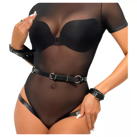 Adalet Jimena - Veganer Leder-Harness mit Fesseln (Schwarz)