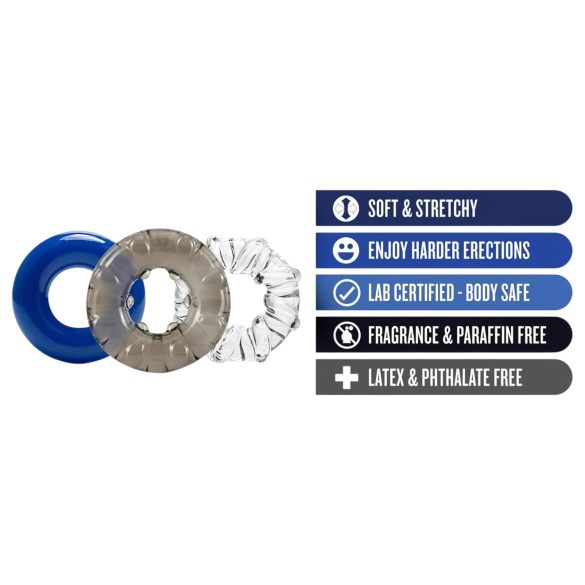 Stay Hard - Abwechslungsreiches Penisring-Set - 3 Stück (Bunt)