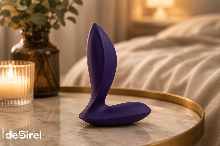 Lila Analspielzeug für Anfänger in einem gemütlichen, diskreten Schlafzimmer präsentiert | Sexshop Schweiz Desirel.ch