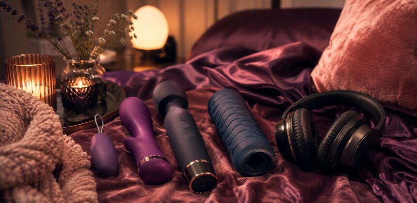 Leise Toys und Kopfhörer auf violettem Satin sorgen für eine intime ASMR Sex-Atmosphäre | Sexshop Schweiz Desirel.ch